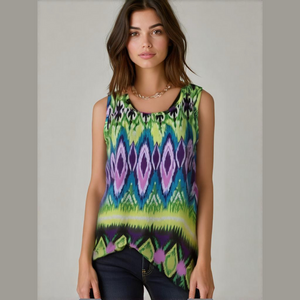 B.L.U.E. Women’s vibrant, colorful sleeveless blouse with a ikat-inspired design